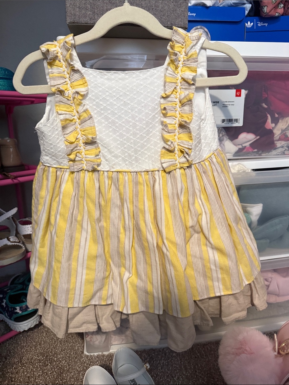 Girls' Linen Yellow Stripe Ruffle Dress - Kids Formal and bottom